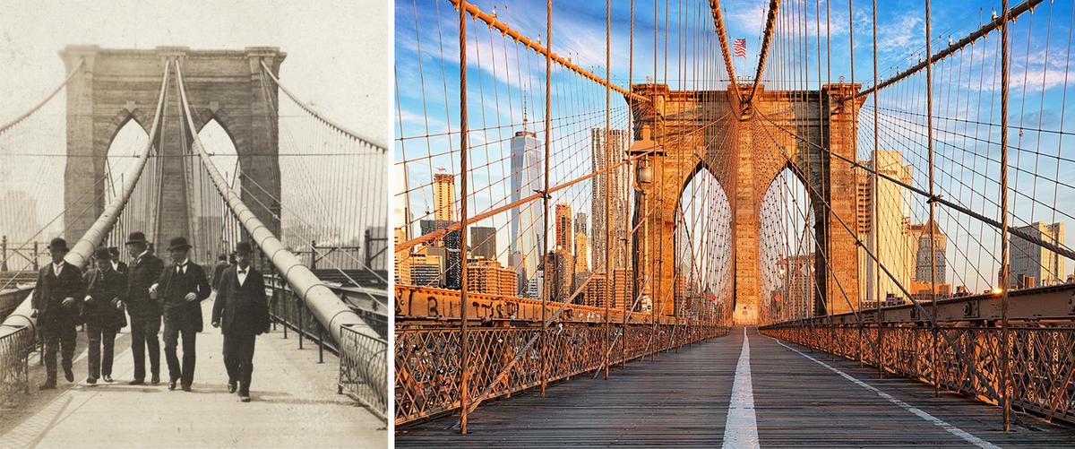 (L) Walking the promenade on the Brooklyn Bridge, circa 1883–1910. New York Public Library, New York. (Public Domain) (R) Brooklyn Bridge today. (TTstudio/Shutterstock)