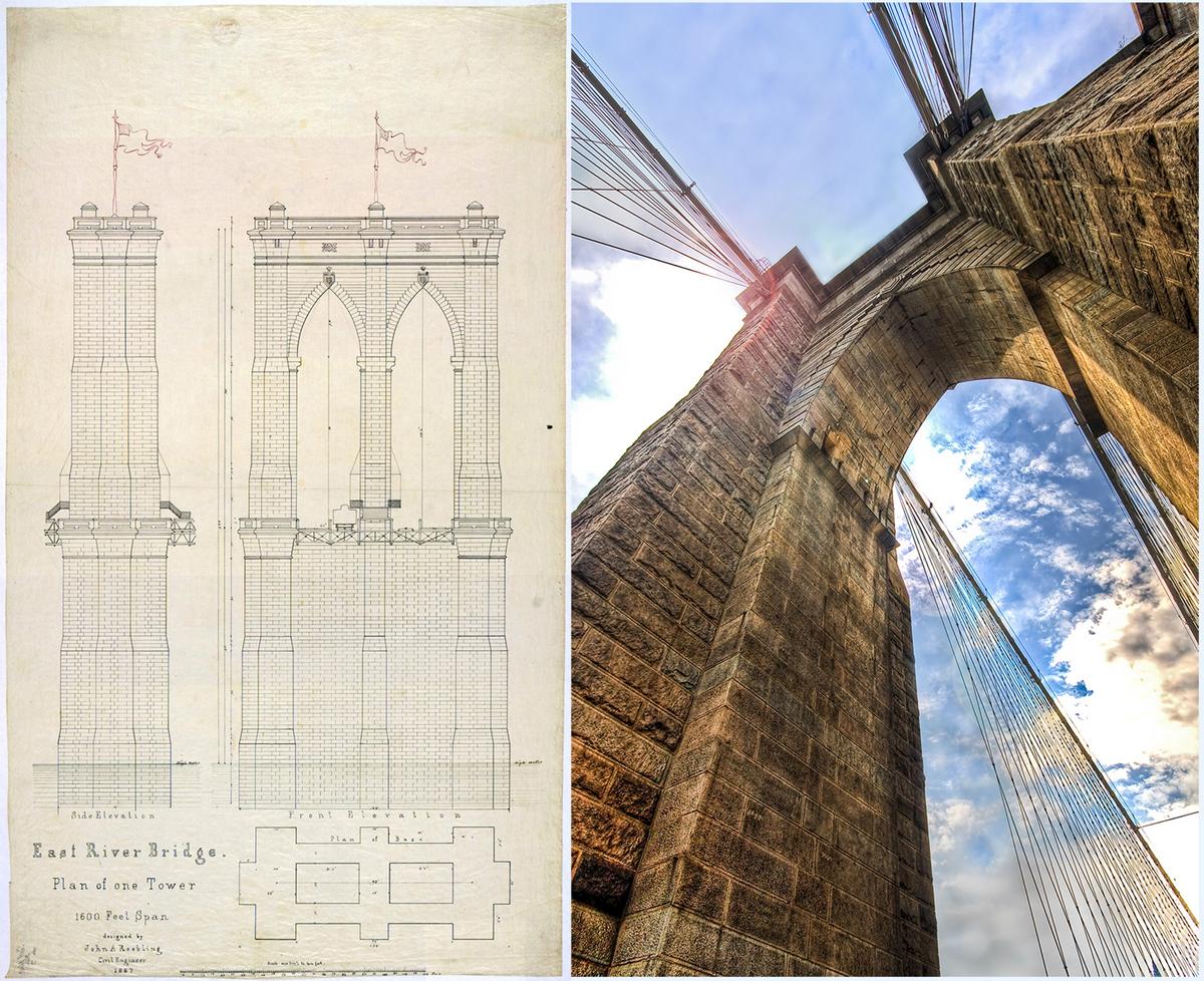 Each tower of the Brooklyn Bridge contains a pair of Gothic Revival pointed arches. (L) Design for one tower on the Brooklyn Bridge. National Archives. (Public Domain) Characteristic pointed arches of the bridge's Gothic Revival suspension towers. (<a href="https://commons.wikimedia.org/wiki/File:Standing_Tall_(2819665347).jpg">Standing Tall</a>/<a href="https://creativecommons.org/licenses/by-sa/2.0/deed.en">CC BY-SA 2.0</a>)