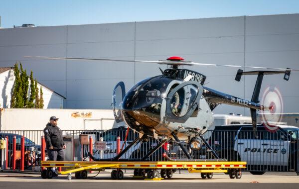 Huntington Beach's newest MD 530 F patrol helicopter in Huntington Beach, Calif., on Feb. 8, 2023. (John Fredricks/The Epoch Times)