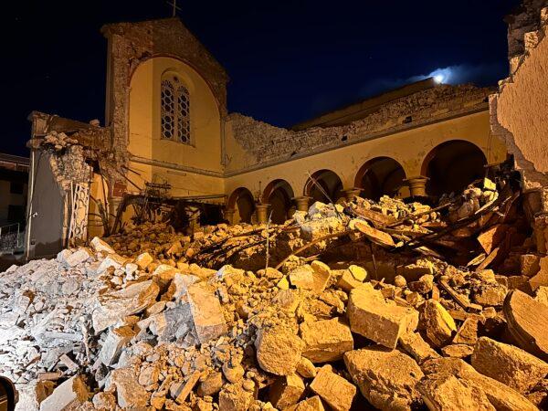 A 150-year-old Catholic church in Hatay’s Iskenderun district was partly destroyed by twin earthquakes in Turkey, on Feb. 6, 2023. (Ercan Koc for The Epoch Times)
