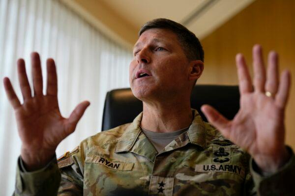 Commanding General of the U.S. Army's 25th Infantry Division based in Hawaii, Maj. Gen. Joseph Ryan gestures as he speaks to The Associated Press in Manila, Philippines, on Feb. 8, 2023. (Aaron Favila/AP Photo)