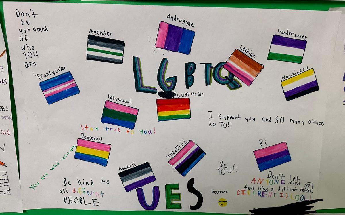 A poster in the North Hanover, New Jersey's Upper Elementary School encourages children in fourth to sixth grade to accept sexual minority identities. (Photo courtesy of Angela Reading)