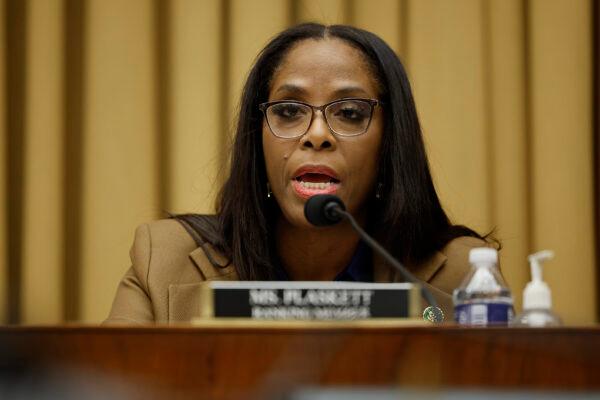 Ranking member Del. Stacey Plaskett (D-Virgin Islands) delivers opening remarks during the first hearing of the Weaponization of the Federal Government subcommittee in the Rayburn House Office Building on Capitol Hill in Washington on Feb. 9, 2023. (Chip Somodevilla/Getty Images)