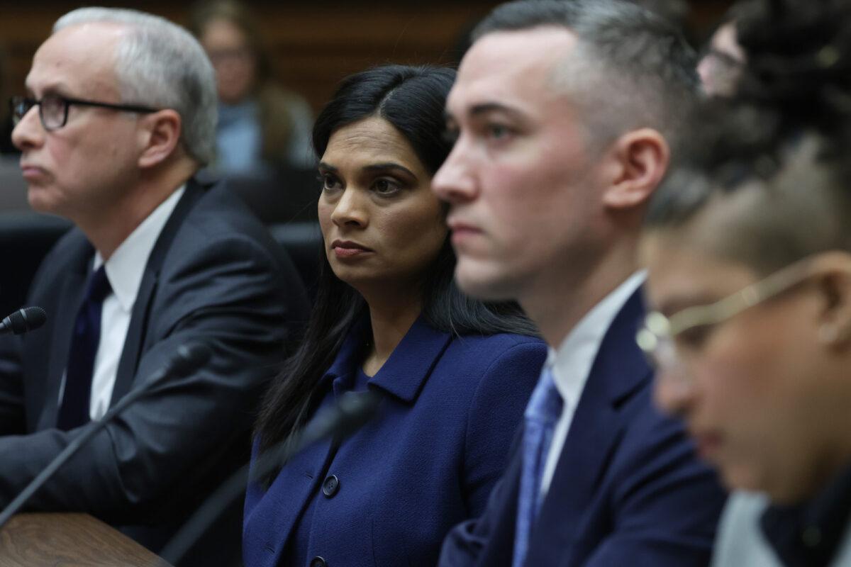 Former deputy general counsel of Twitter James Baker, former chief legal officer of Twitter Vijaya Gadde, former global head of trust and safety of Twitter Yoel Roth, and former Twitter employee Anika Collier Navaroli testify during a hearing on Capitol Hill, in Washington, on Feb. 8, 2023. (Alex Wong/Getty Images)