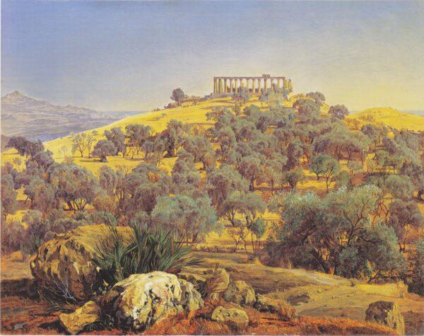 "The Ruins of the Temple of Juno at Lancinia at Agrigento," 1853, by Ferdinand Georg Waldmüller. Oil on panel; 12 1/4 inches by 15 3/8 inches. Liechtenstein Museum, Vienna. (Public Domain)