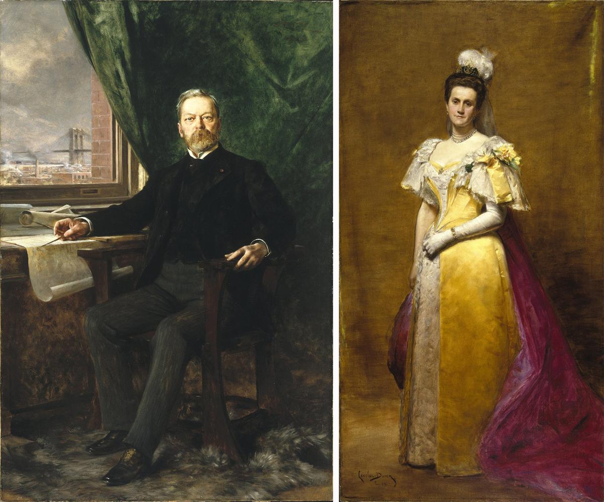 Portrait of Washington A. Roebling, circa 1899, by Théobald Chartran and portrait of Emily Warren Roebling, circa 1896, by Carolus-Duran. Oil on canvas. Brooklyn Museum, New York. (Public Domain)