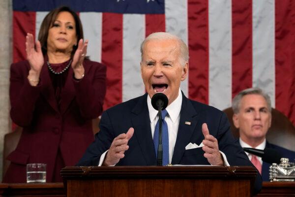 President Joe Biden delivers the State of the Union address to a joint session of Congress as Vice President Kamala Harris and House Speaker Kevin McCarthy listen, in the House Chamber of the U.S. Capitol in Washington on Feb. 7, 2023. (TNS)