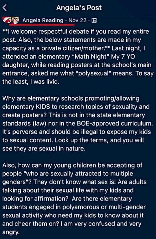 The Facebook post by Angela Reading that opposed a poster introducing sexual orientation to kindergartners. (Courtesy of Nik Stouffer)