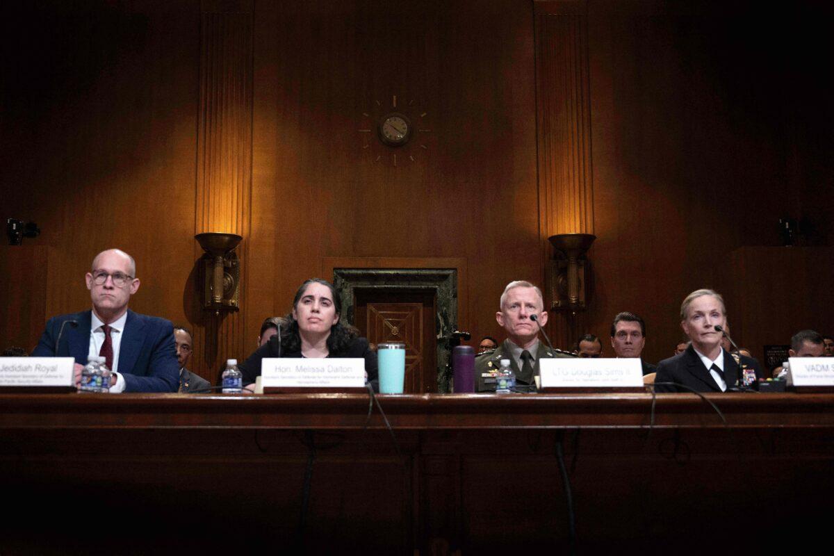 (L–R) Assistant Secretary of Defense for Indo-Pacific Security Affairs, Jedidiah Royal; Assistant Secretary of Defense for Homeland Defense and Hemispheric Affairs, Melissa Dalton; Director for Operations, Joint Staff, Douglas Sims; and Director of Force Structure, Resources and Assessments, Joint Staff, Vice Admiral Sara Joyne testify before a Senate Appropriations Committee's Subcommittee on Defense hearing "to determine what decisions went into how we dealt with the Chinese spy balloon" on Capitol Hill in Washington on Feb. 9, 2023. (Jim Watson/AFP via Getty Images)