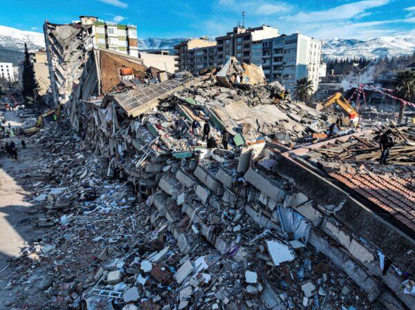 An aerial photo shows the destruction in Kahramanmaras, southern Turkey, on Feb. 8, 2023. (Ahmet Akpolat/DIA via AP )