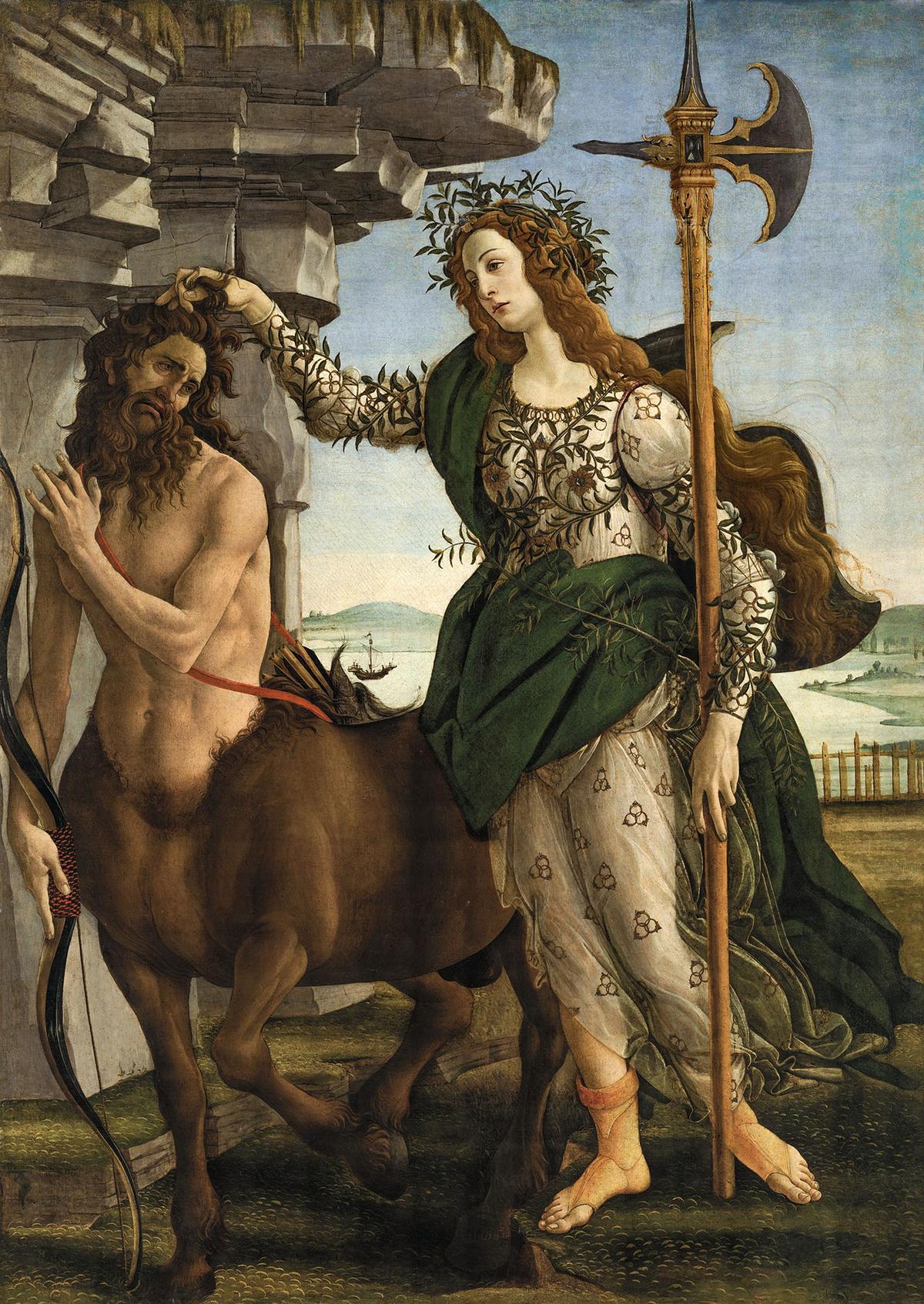 "Pallas and the Centaur," circa 1480–1485, by Sandro Botticelli. Tempera on canvas. Uffizi Gallery, Florence, Italy. (<a href="https://commons.wikimedia.org/wiki/File:Pallade_col_Centauro,_Sandro_Botticelli_(1482).jpg">Gennadii Saus i Segura</a>/<a href="https://creativecommons.org/licenses/by-sa/4.0/deed.en">CC BY-SA 4.0</a>)
