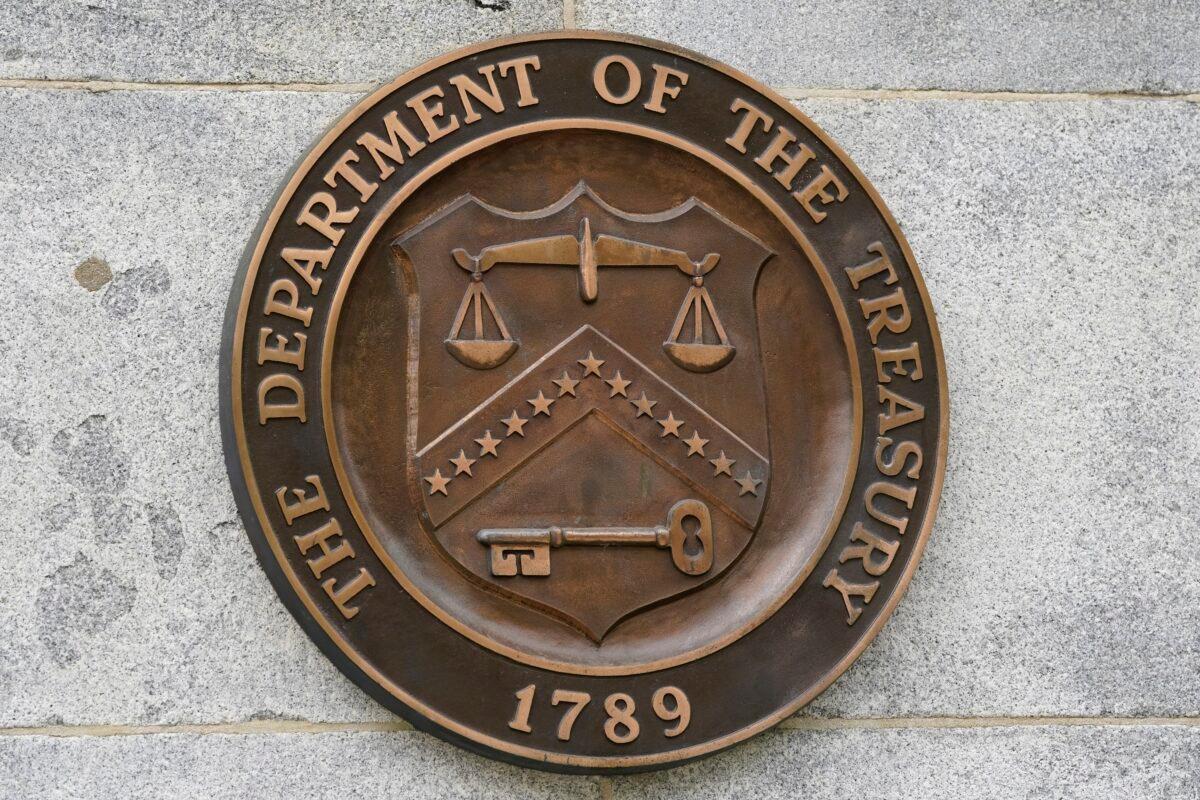 The Department of the Treasury's seal outside the Treasury Department building in Washington on May 4, 2021. (Patrick Semansky/AP Photo)