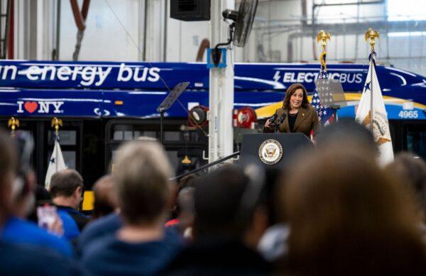 U.S. Vice President Kamala Harris speaks to employees at a production facility of bus manufacturer New Flyer in St. Cloud, Minn., on Feb. 9, 2023. (Stephen Maturen/AFP via Getty Images)