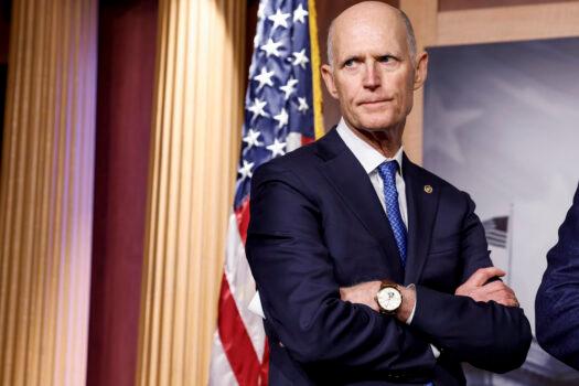 Sen. Rick Scott (R-Fla.) listens during a news conference at the U.S. Capitol Building in Washington on Jan. 25, 2023. (Anna Moneymaker/Getty Images)