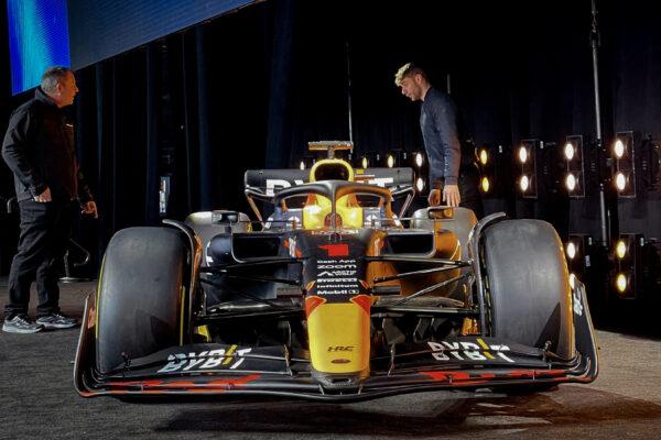 The new Red Bull F-1 Racing Team unveils the RB19 car in a partnership with Ford during a launch event in New York on Feb. 3, 2023. (Christine Kiernan/Reuters)
