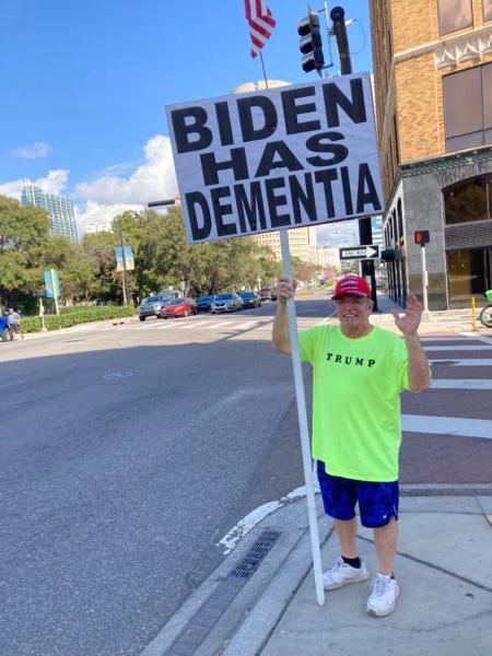 Tom Jones of Clearwater, Fla., a member of "The Trump Squad," was among few anti-Biden demonstrators at the University of Tampa when the presidents visited on Feb. 9. (John Haughey/The Epoch Times)