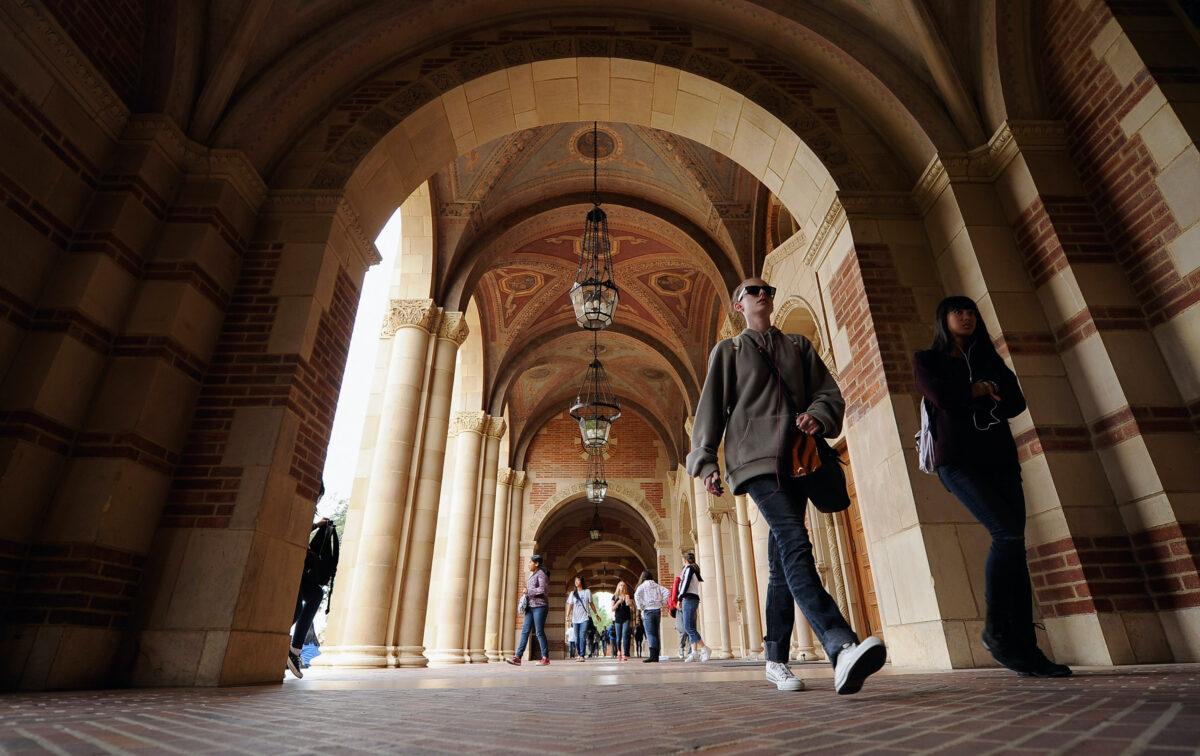 Students walk near Royce Hall on the campus of the University of California–Los Angeles on April 23, 2012. (Kevork Djansezian/Getty Images)