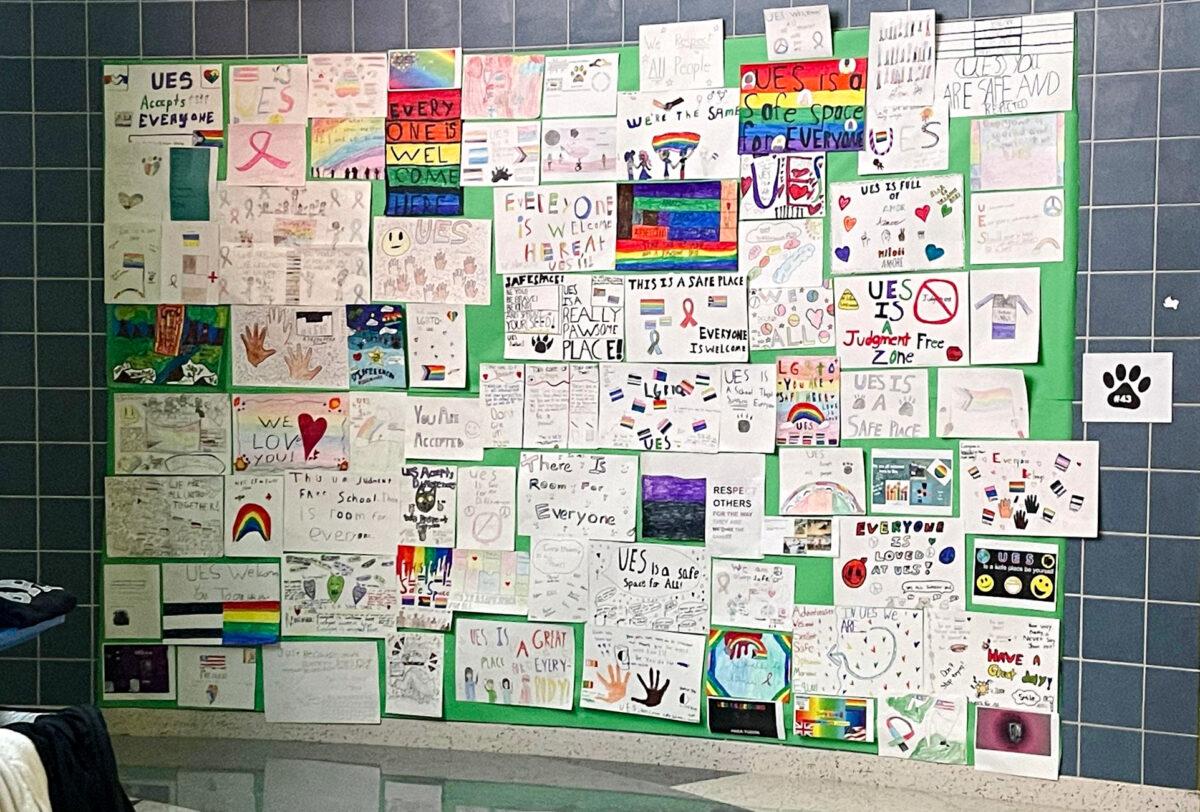 A wall of posters in Upper Elementary School in North Hanover, N.J. encourages children in 4th–6th grades to accept sexual minority identities. (Courtesy of Angela Reading)