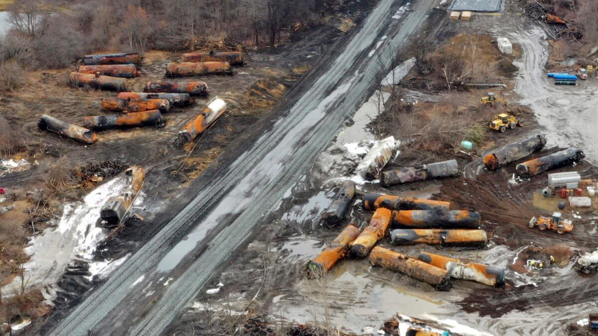 The continuing cleanup of portions of a Norfolk Southern freight train that derailed Friday night in East Palestine, Ohio, on Feb. 9, 2023. (Gene J. Puskar/AP Photo)