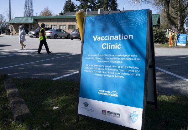 A sign for a COVID-19 vaccination clinic run by Vancouver Coastal Health in Richmond, B.C., on April 10, 2021. (The Canadian Press/Jonathan Hayward)
