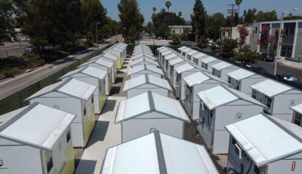 A view of housing units at the Tarzana Tiny Home Village, which offers temporary housing for homeless people, is seen in the Tarzana neighborhood of Los Angeles on July 9, 2021. (Robyn Beck/AFP via Getty Images)