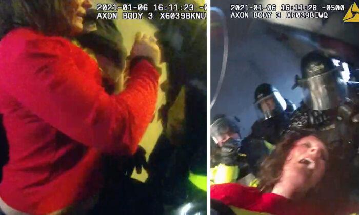 Jan. 6 defendant Victoria White was pushed, shoved, and beaten about the head by police in the Lower West Terrace tunnel on Jan. 6, 2021. (Metropolitan Police Department/Screenshots via The Epoch Times)