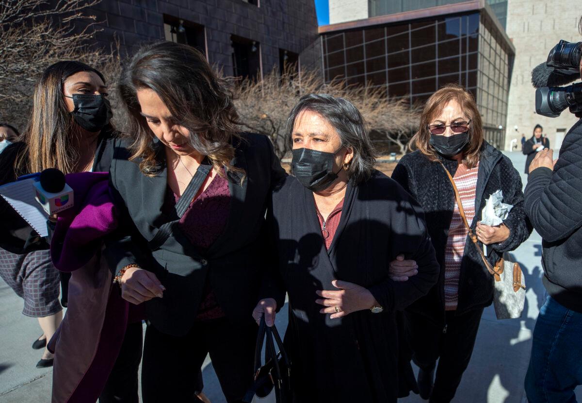 Relatives of victims of the August 2019 Walmart mass shooting, who declined to speak to the media, leave the federal court in El Paso, Texas, on Feb. 8, 2023. (Andrés Leighton/AP Photo)