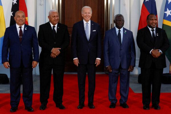 U.S. President Joe Biden (C) poses with Federated States of Micronesia President David Panuelo, Fijian Prime Minister Frank Bainimarama, Solomon Islands Prime Minister Manasseh Sogavare, Papua New Guinean Prime Minister James Marape, and other leaders from the U.S.–Pacific Island summit (not pictured), at the White House on Sept. 29, 2022. (Reuters/Jonathan Ernst/File Photo)