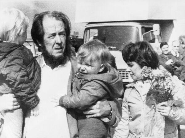 Aleksandr Solzhenitsyn with his family at the Zurich airport, in March 1974. Ignat is in his left arm. (Courtesy of Ignat Solzhenitsyn)