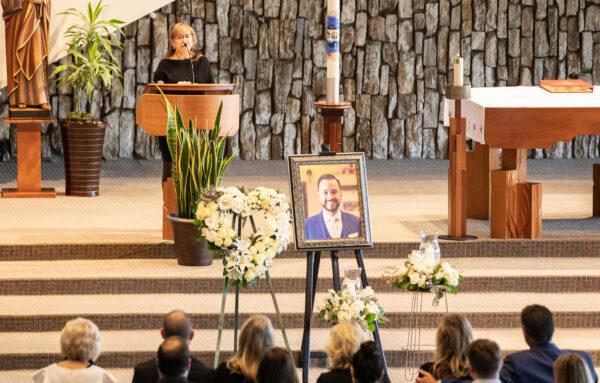 Stella Blair, the mother of Elliot Blair, speaks at her son's funeral in Garden Grove, Calif., on Feb. 11, 2023. (John Fredricks/The Epoch Times)