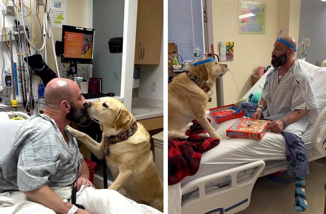  Magnus and Brian Benson during his stay in the hospital in late January 2023. (Courtesy of Brian Benson and <a href="https://www.instagram.com/magnusthetherapydog/">magnusthetherapydog</a>)