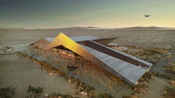 A rendering of the planned building for the Flight Test Museum outside the gates of Edwards Air Force Base in California’s Antelope Valley. Designed by architecture firm Gensler, it resembles the shape of the Nighthawk, a stealth plane built in the 1980s. The museum will hold more than 80 historic aircraft; completion is due in 2024. (Courtesy of Art Thompson)