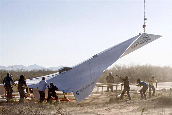 In 2012, Thompson built a giant, 45-foot-long, 800-pound paper airplane that took to the Arizona skies for six seconds. It was part of the Pima Air & Space Museum’s Great Paper Airplane Fly-Off competition, to spark interest in aviation and engineering. The plane was based on a model by 12-year-old Arturo Valderamo. (Flight Test Museum)