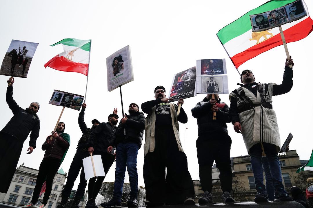 Demonstrators at Trafalgar Square in London on Sunday Jan. 8, 2023. The protest against the Islamic Republic in Iran followed the death of Mahsa Amini. (Aaron Chown/PA)
