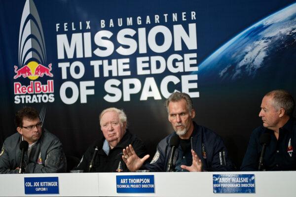 Thompson (R) served as the technical project director for Red Bull Stratos. Joe Kittinger (C) was the primary point of radio contact with jumper Felix Baumgartner during the ascent. (Courtesy of Art Thompson)
