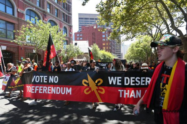 Protesters make their way towards Victoria Park during a protest in Sydney, Australia, on Jan. 26, 2023. (Lisa Maree Williams/Getty Images)
