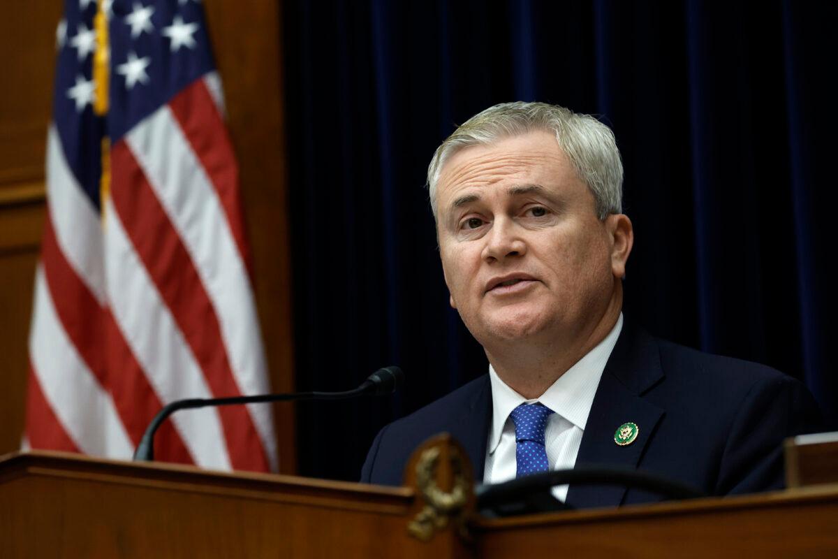 Rep. James Comer (R-Ky.), chairman of the House Oversight and Reform Committee, delivers remarks during a hearing in the Rayburn House Office Building in Washington, on Feb. 1, 2023. (Anna Moneymaker/Getty Images)