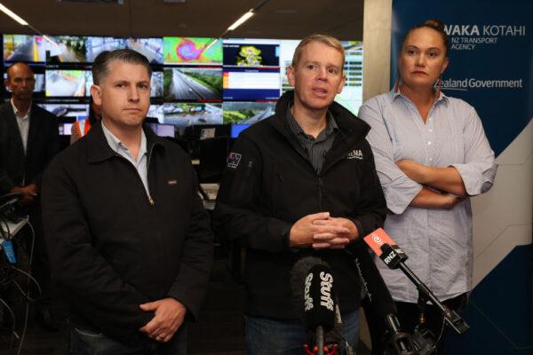 New Zealand Prime Minister Chris Hipkins (C) Deputy Prime Minister Carmel Sepuloni (R) and Transport Minister Michael Wood (L) speak to media at Waka Kotahi Auckland Transport operations room ahead of Cyclone Gabrielle's arrival in Auckland, New Zealand, on Feb. 12, 2023. (Fiona Goodall/Getty Images)
