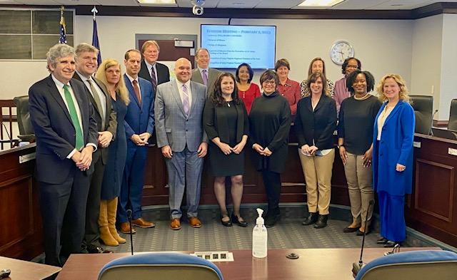 Suparna Dutta (back, 4th R) and Jillian Balow (front, 1st R) with the Virginia Board of Education in 2023. (Courtesy of Suparna Dutta)