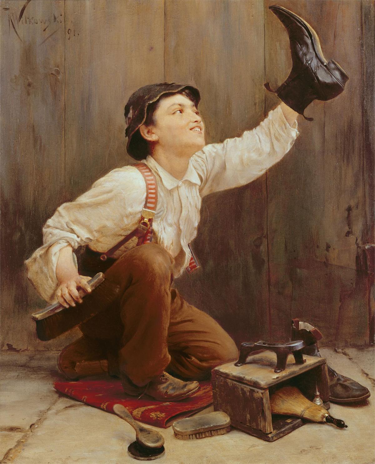 Alger wrote tales of street urchins who broke free of their poverty. "Shoeshine Boy," 1891, by Karl Witkowski. Oil on canvas. Private Collection. (Public Domain)