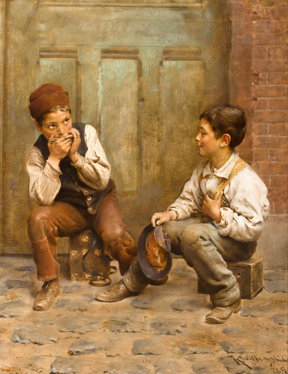 "Shoeshine Boys," 1889, by Karl Witkowski. Oil on canvas. Private collection. (Public Domain)