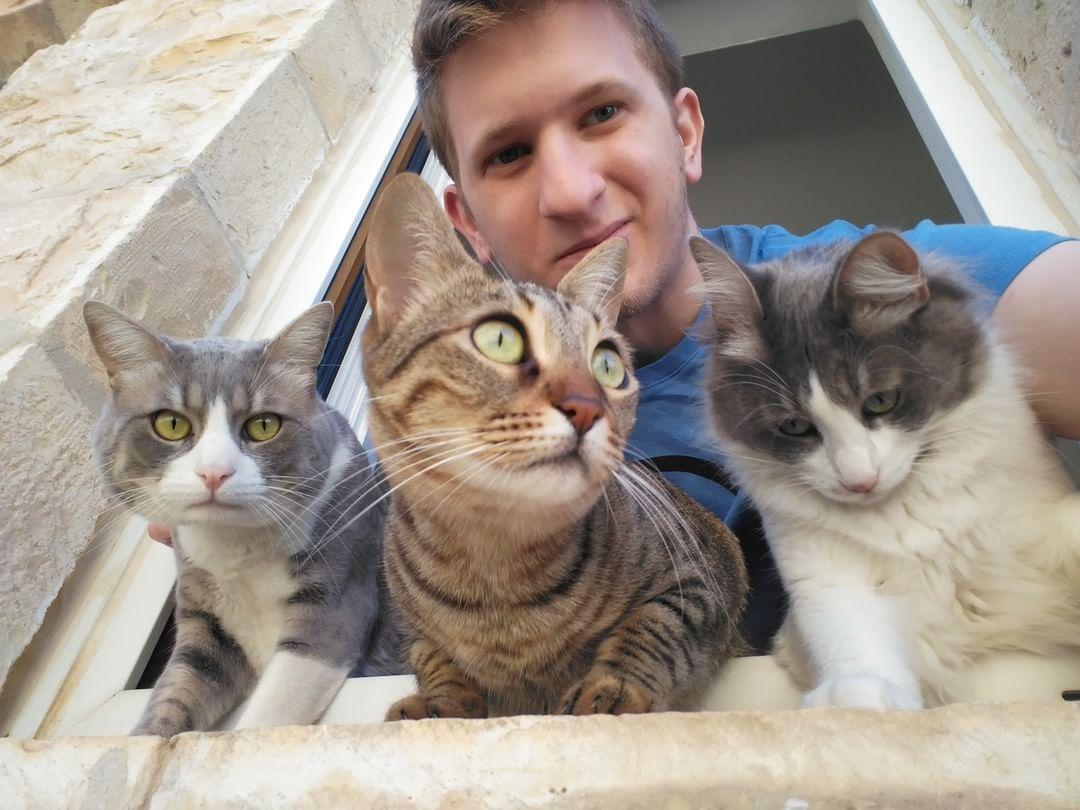 Oxman with his three rescued cats: O'Malley, Mazie, and Michael. (Courtesy of <a href="https://www.facebook.com/Sympawnies/">Noam Oxman</a>/<a href="https://www.instagram.com/sympawnies/">@sympawnies</a>/<a href="https://www.youtube.com/@Sympawnies">Sympawnies</a>)