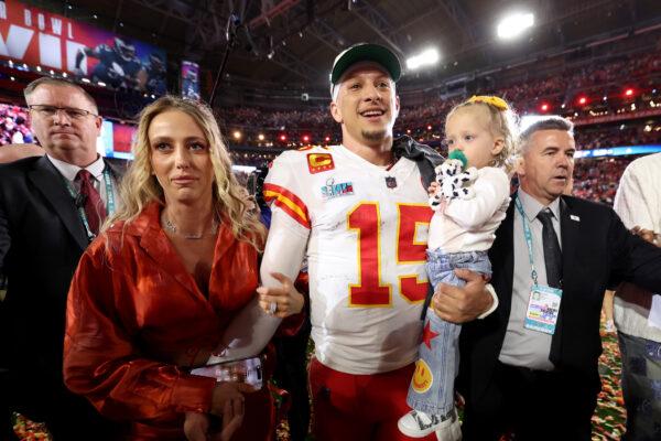 Patrick Mahomes (15) of the Kansas City Chiefs celebrates with his wife Brittany Mahomes and daughter Sterling Skye Mahomes after the Kansas City Chiefs beat the Philadelphia Eagles in Super Bowl LVII at State Farm Stadium in Glendale, Ariz., on Feb. 12, 2023. (Christian Petersen/Getty Images)