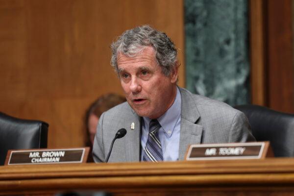Sen. Sherrod Brown (D-Ohio) delivers remarks during a hearing on Russian sanctions on Capitol Hill on Sept. 20, 2022. (Kevin Dietsch/Getty Images)