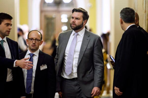 Ohio Republican J.D. Vance (3rd L), who was then a senator-elect, arrives at a meeting with Senate Republicans at the U.S. Capitol in Washington on Nov. 16, 2022. (Anna Moneymaker/Getty Images)