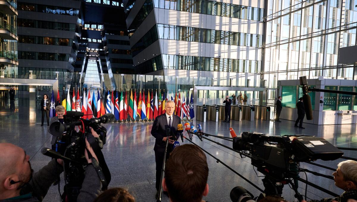 NATO Secretary General Jens Stoltenberg delivers a doorstep statement in Brussels on Feb. 14, 2023. (NATO)