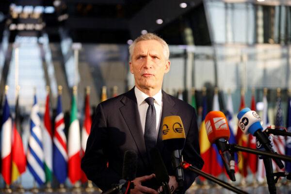 NATO Secretary General Jens Stoltenberg speaks at a NATO defense ministers meeting at the Alliance's headquarters in Brussels, Belgium, on Feb. 14, 2023. (Johanna Geron/Reuters)