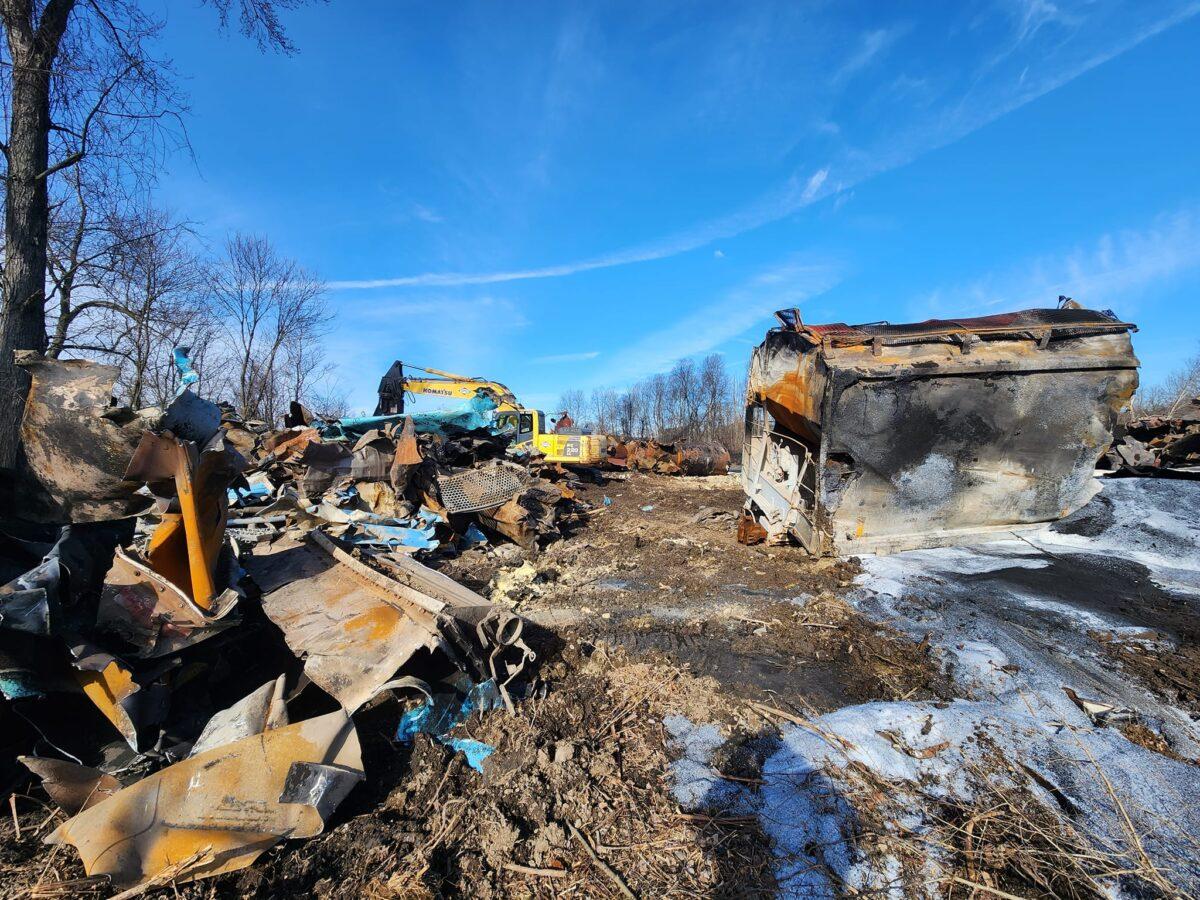 Cleanup continues in the aftermath of the Norfolk Southern Railway freight train derailment in East Palestine, Ohio. (Jeff Louderback/The Epoch Times)