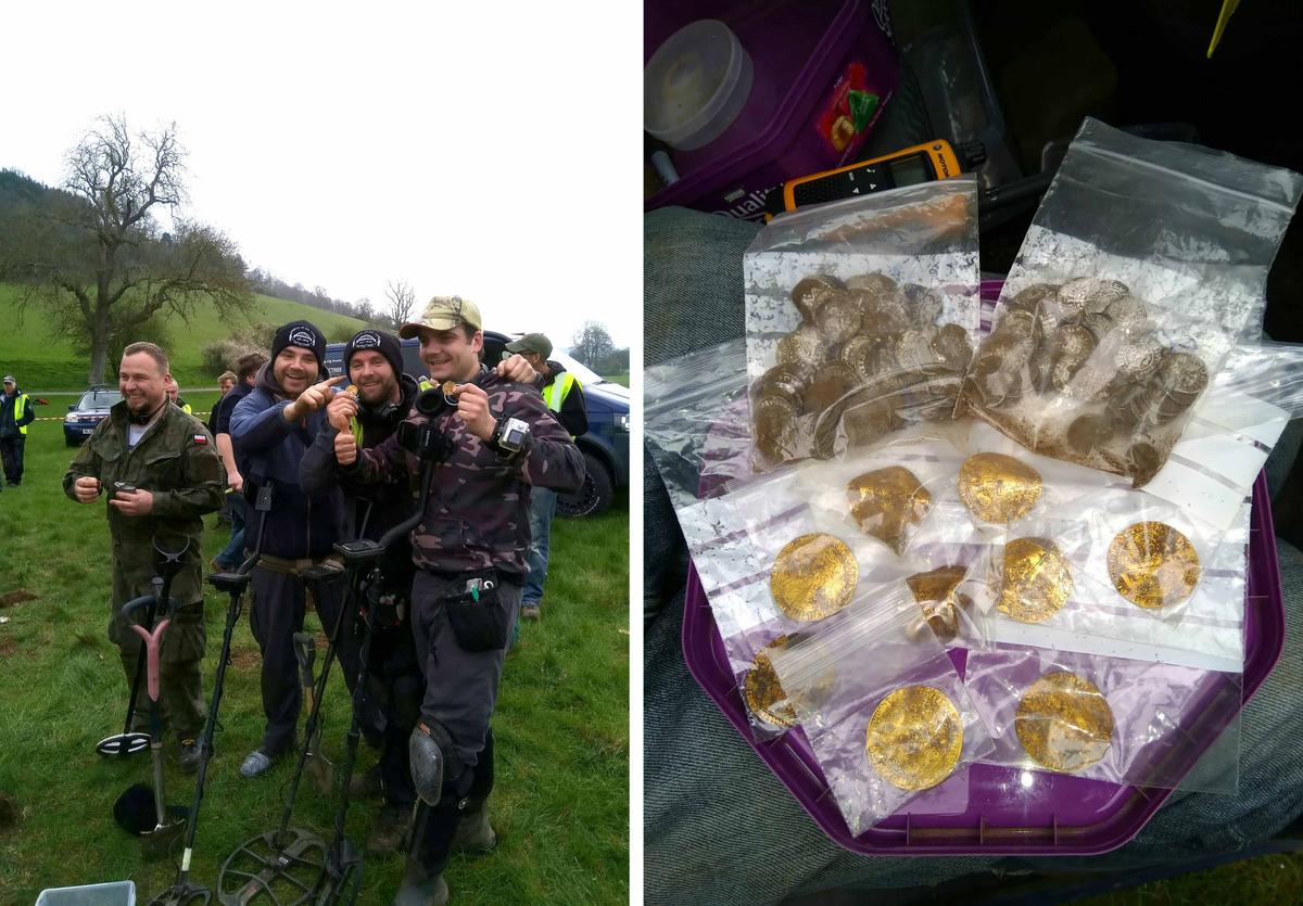 (Left) Dariusz Fijalkowski, Mateusz Nowak, Andrew Winter, Tobiasz Nowak; (Right) Gold nobles and other coins packaged after being unearthed in Buckinghamshire. (SWNS)