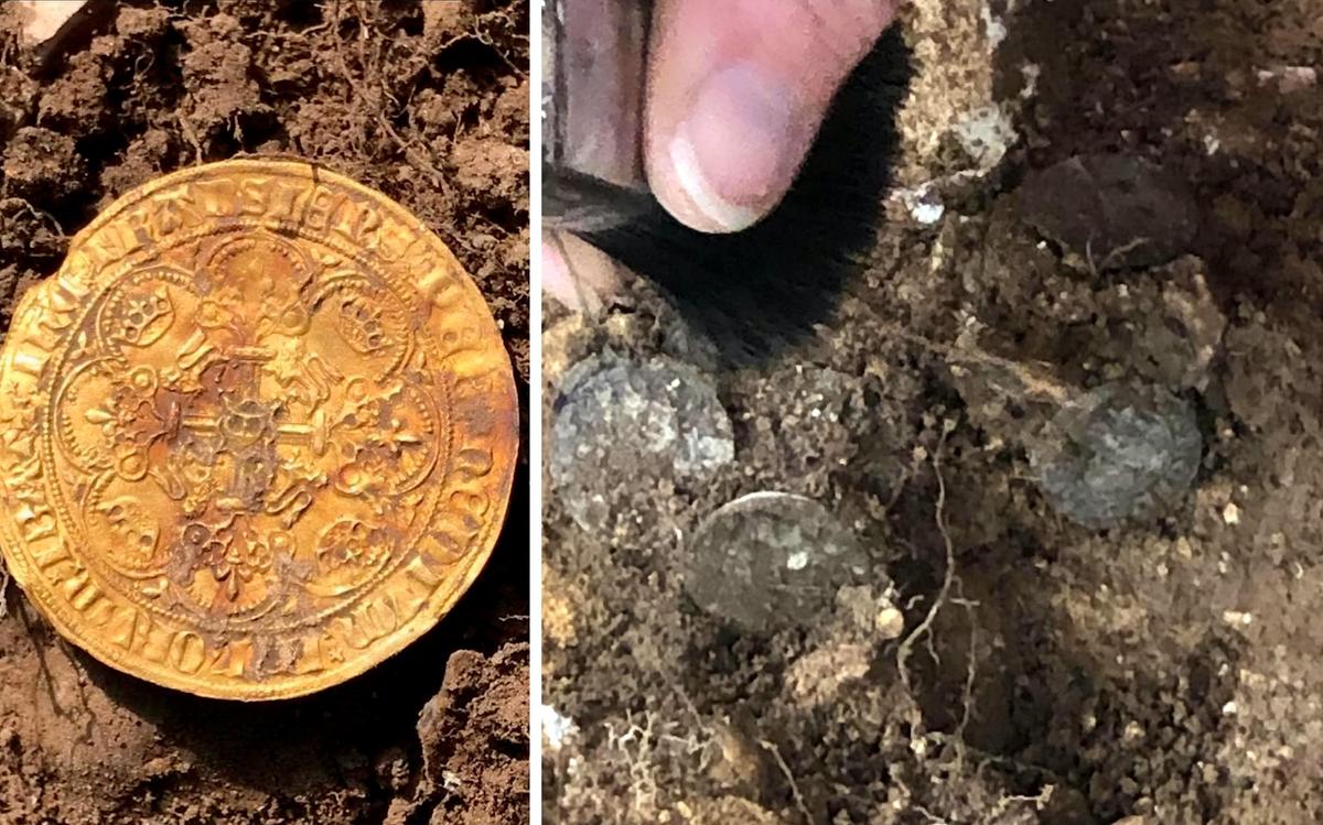 (Left) One of 12 ultra-rare gold nobles found in the "Hambleden Hoard;" (Right) Several coins are seen embedded in the soil at the dig site near Hambleden. (SWNS)